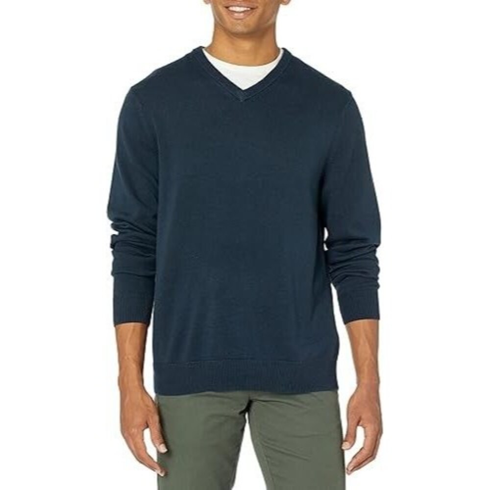 NWT Men's V-Neck Pullover Sweaters LARGE Navy 100% Cotton Long Sleeve
